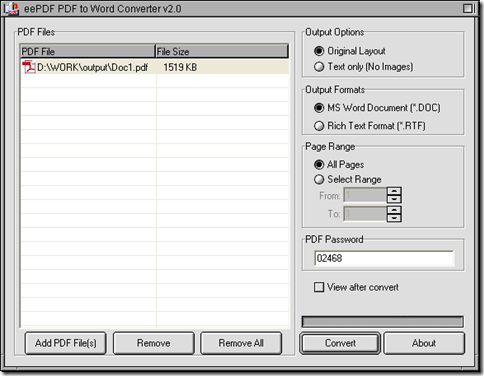 interface before conversion of PDF to Word is started