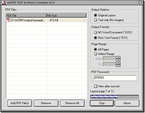 interface of PDF to Word Converter during conversion of PDF to RTF