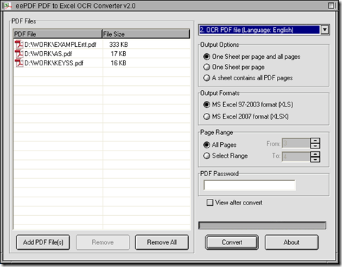 interface of EEPDF PDF to Excel OCR Converter for image PDF to Excel in batches