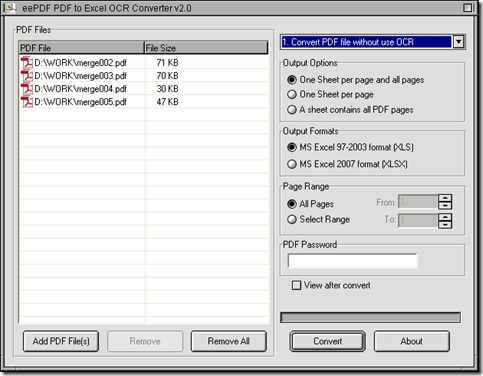 interface of EEPDF PDF to Excel OCR Converter for average PDF to editable Excel in batches