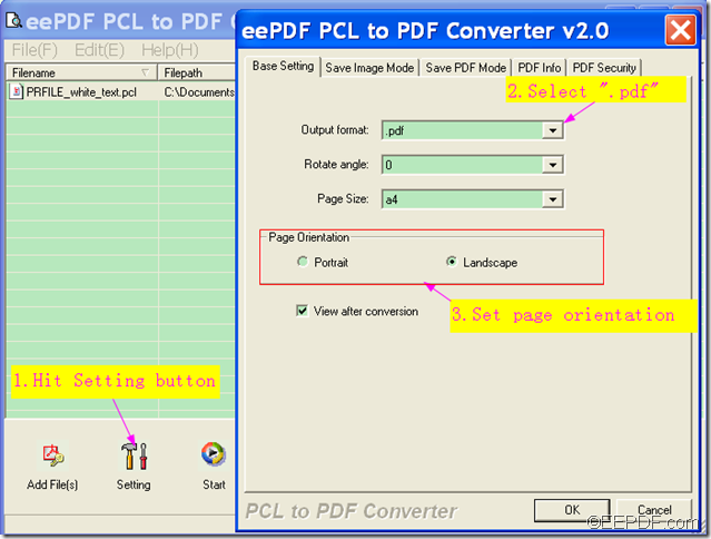 set page orientation in EEPDF PCL to PDF Converter