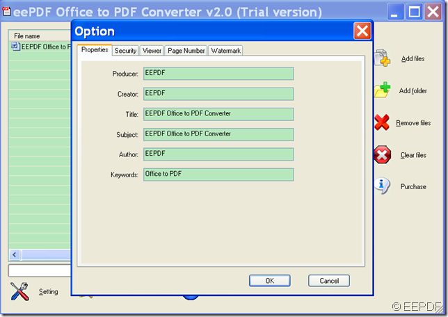 set PDF property in EEPDF Office to PDF Converter