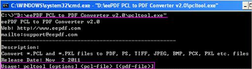 Usage of eePDF PCL to PDF Converter Command Line: