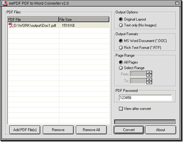 interface of PDF to Word Converter before conversion of PDF to DOC