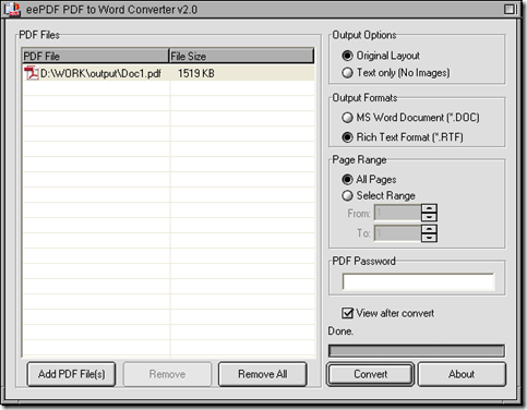 interface of PDF to Word Converter after conversion of PDF to RTF