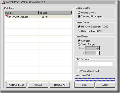 interface of PDF to Word Converter during conversion of PDF to DOC
