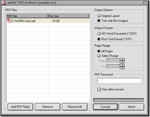 interface of PDF to Word Converter before conversion of PDF to RTF