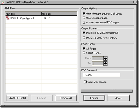 interface of PDF to Excel Converter