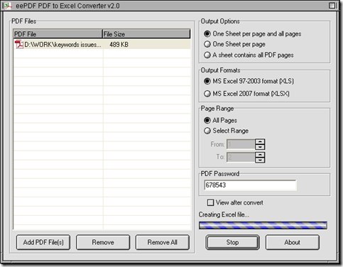 interface of PDF to Excel Converter during conversion