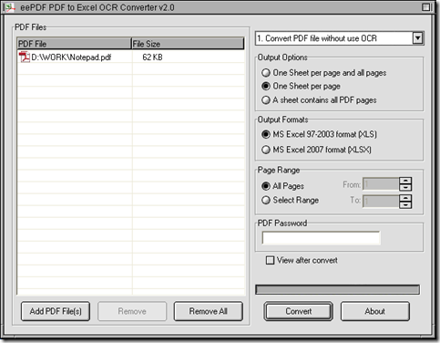 interface of EEPDF PDF to Excel OCR Converter for normal PDF to XLS