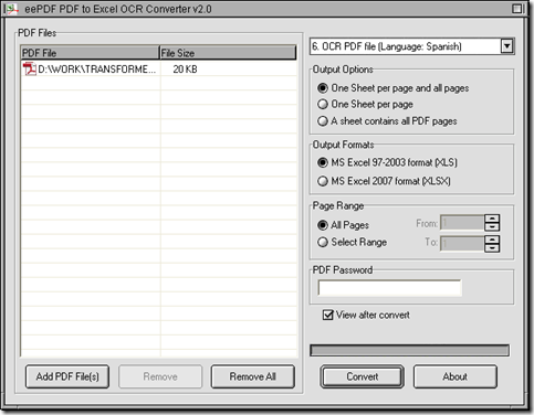 interface of EEPDF PDF to Excel OCR Converter