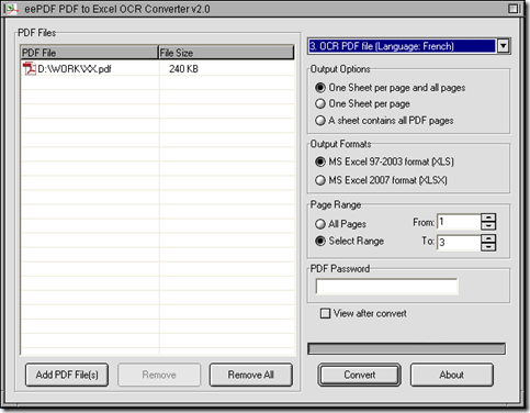 interface of EEPDF PDF to Excel OCR Converter 