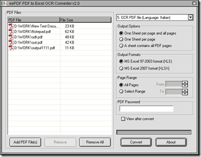 interface of EEPDF PDF to Excel OCR Converter for scanned PDF to editable Excel in batches