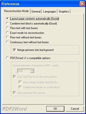 Panel of Preferences of EEPDF PDF to Word Converter under tab Reconstruction mode 