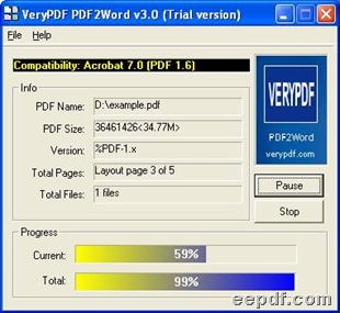Interface of EEPDF Word Reorganizer during process from PDF to DOC