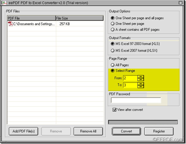 convert selected pages from PDf to Excel using EEPDF PDF to Excel Converter