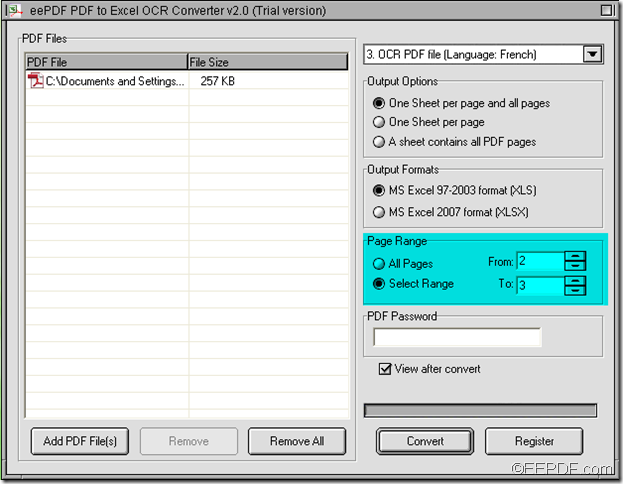 convert specific pages from scanned PDF to Excel with EEPDF PDF to Excel OCR Converter