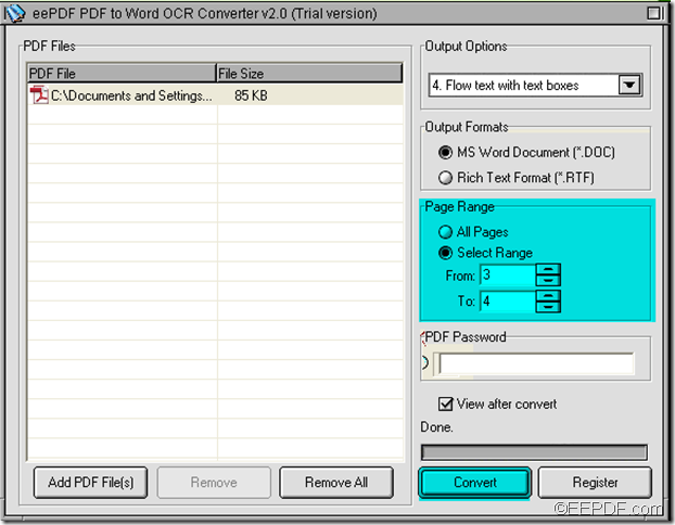 set page range in EEPDF PDF to Word OCR Converter