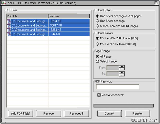 batch convert Adobe PDF to Excel with EEPDF PDF to Excel Converter