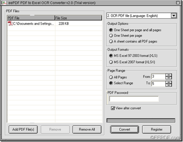 convert selected pages of scanned PDF to Excel with EEPDF PDF to Excel OCR Converter