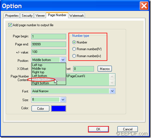 add page number to the created PDF with EEPDF Office to PDF Converter