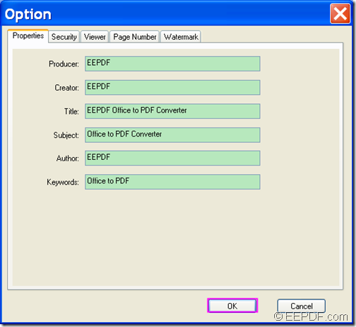 set PDF information with EEPDF Office to PDF Converter